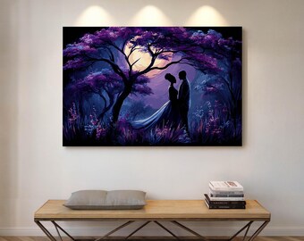 Romantic Couple Canvas Art – Ethereal Purple Moonlit Print for Anniversary Decor