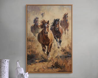 Stampa su tela di cavalli selvaggi, arte murale rustica in stile fattoria western