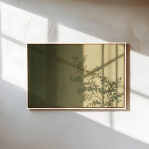 May include: A rectangular wall art piece featuring a split-tone background of dark olive green and light beige. The composition displays a dark, crisp shadow of leafy plant branches cast across the surface, framed by a thin, light-colored border.
