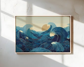 Quadro su tela vintage con onde – Stampa oceano blu per l'arredamento del bagno in stile giapponese
