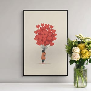 Lienzo de niña con globos de corazón: impresión roja y caprichosa para la decoración de la habitación de un bebé.
