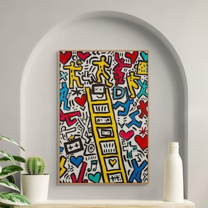 Keith Haring Inspired Ladder Canvas – Colorful Pop Art Wall Decor for Creative Room image 1