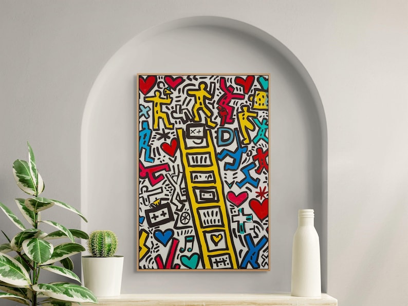 Keith Haring Inspired Ladder Canvas – Colorful Pop Art Wall Decor for Creative Room image 1