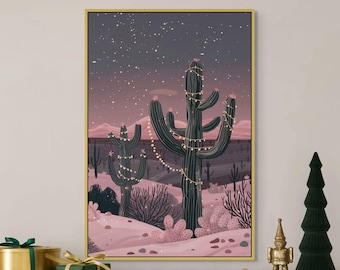 Desert Christmas Cactus Art – Southwest Holiday Wall Print with Festive Lights