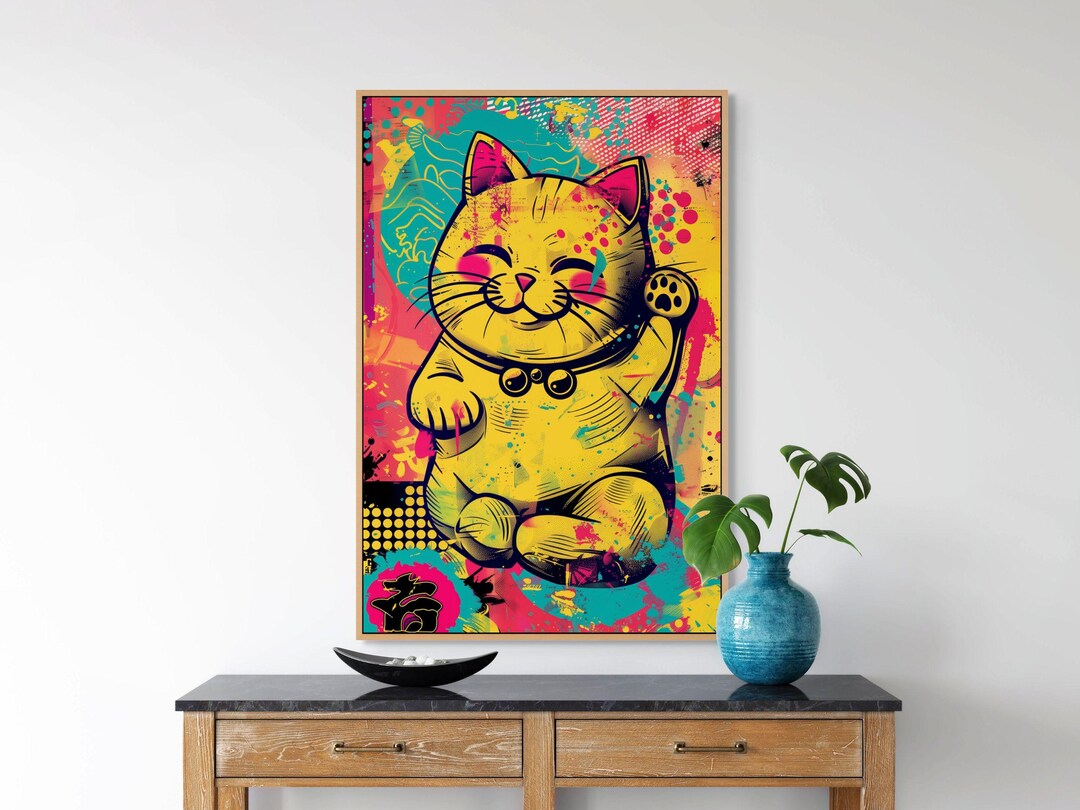 Lucky Cat Pop Art Canvas Wall Art – Maneki Neko Print for Modern Room ...