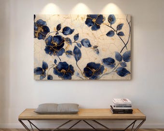 Floral Ceramic Wall Art – Navy and Gold Botanical Tile-inspired
