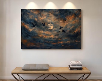Quadro da parete con cielo illuminato dalla luna piena - Stampa su tela con uccelli in volo per un arredamento ispirato alla natura