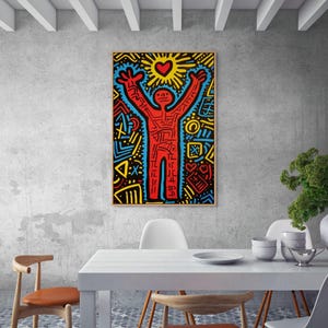 Lienzo rojo inspirado en Keith Haring, decoración de pared llamativa para oficina o estudio imagen 5