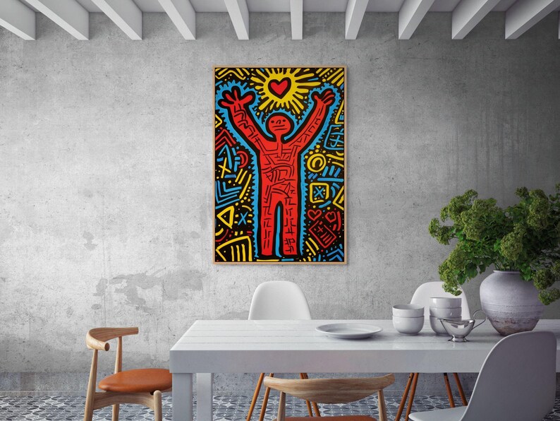 Lienzo rojo inspirado en Keith Haring, decoración de pared llamativa para oficina o estudio imagen 5