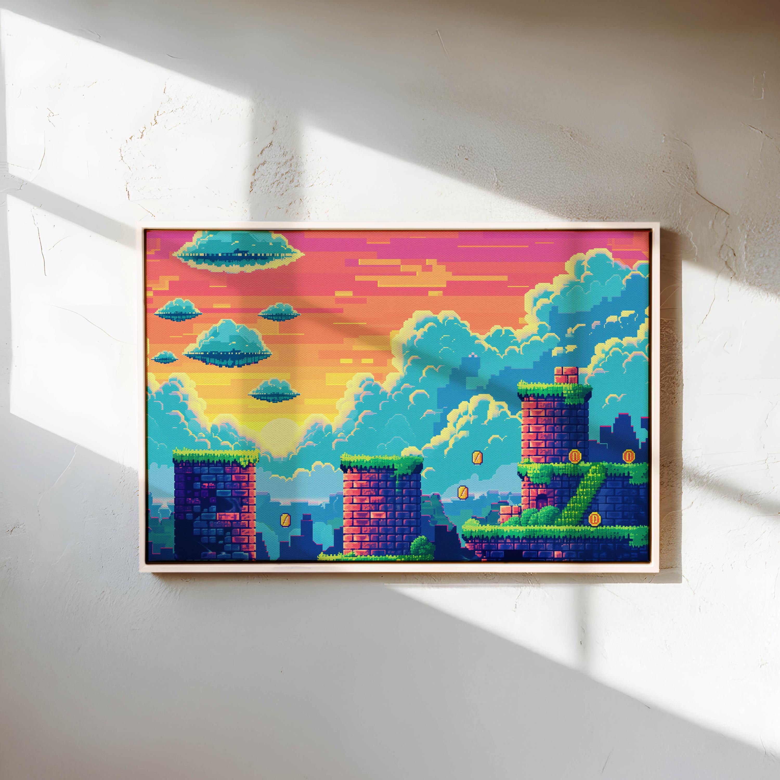 Pixel Art Sunset Canvas Art – Retro Game Wall Print for Colorful