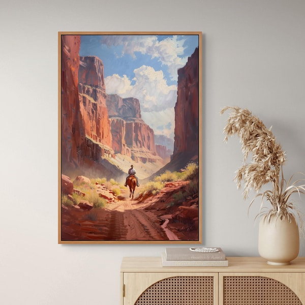 Cowboy Horseback Canyon Framed Canvas Print, Southwest Decor