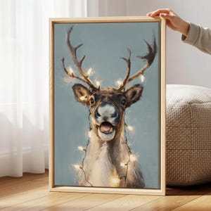Christmas Reindeer Canvas Print – Happy Holiday Wall Art with String Lights Décor
