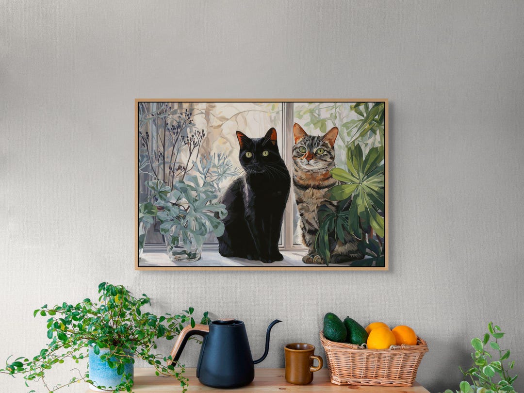 Two Cats Canvas Wall Art – Green Window Print for Cozy Living Room or ...