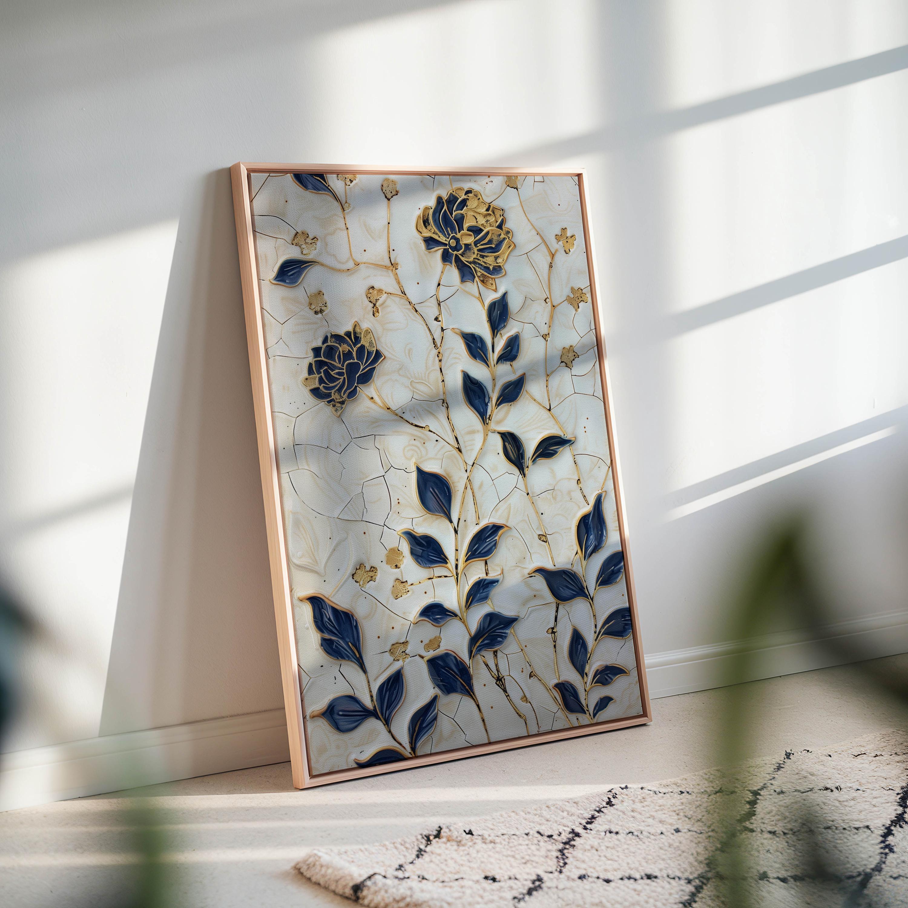 Floral Ceramic Wall Art – Navy and Gold Botanical Tile-inspired