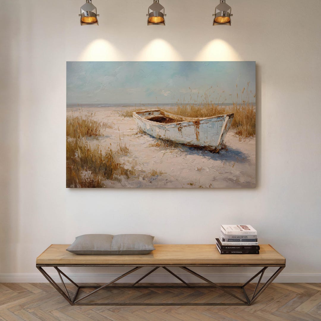 Old Fishing Boat Wall Art – Serene Sandy Beach Canvas for Coastal ...