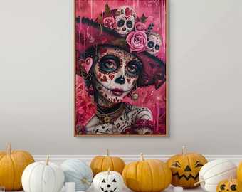 Arte en lienzo del Día de Muertos: Retrato de mujer con calavera de azúcar