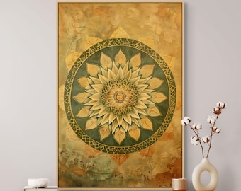Grün-Gold Mandala Leinwand - Heilige Geometrie Wand Kunst für spirituelle Wohnkultur