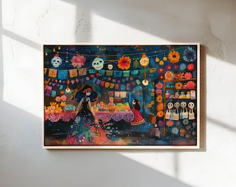 Dia De Los Muertos Wall Art – Colorful Mexican Scene with Sugar Skulls and Flowers