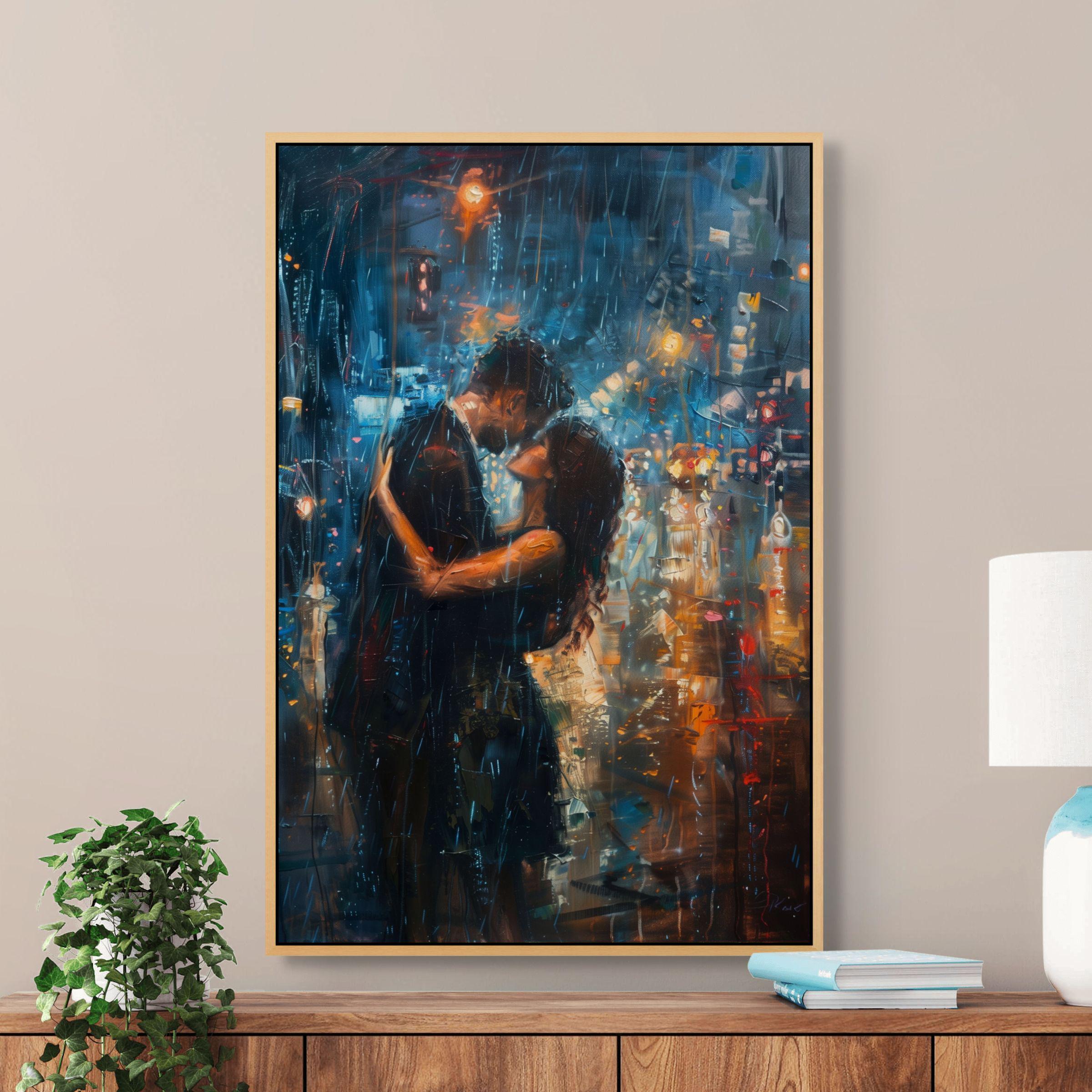 Romantic Rainy Kiss Canvas – City Lights Wall Art for Bedroom or