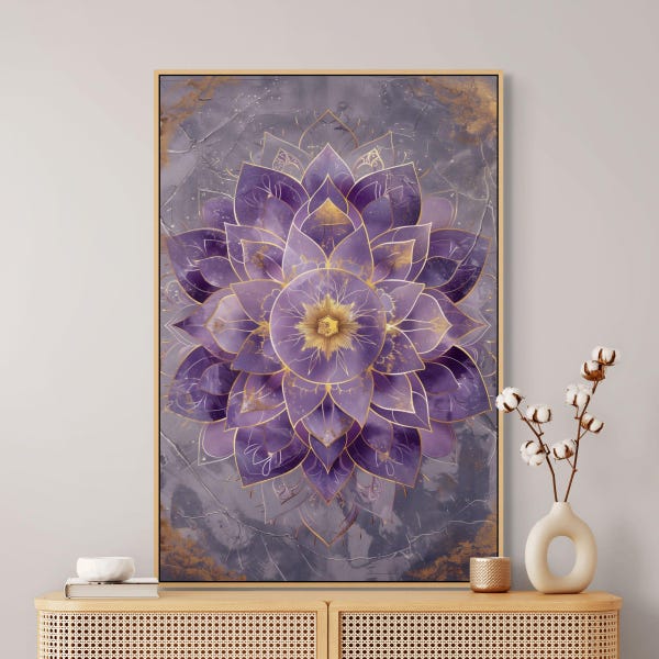 Purple Lotus Mandala Canvas Print – Spiritual Crown Chakra Wall Art with Gold Accents