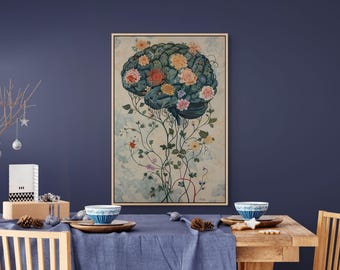 Floral Brain Wall Art – Botanical Mind Canvas for Mindfulness and Psychology Home Decor