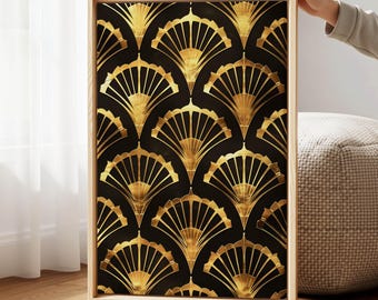 Cuadro Art Déco dorado para pared: elegante lienzo geométrico para una decoración de lujo en la sala de estar.