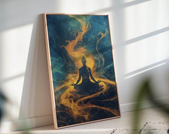 Arte de parede para meditação com fogo – Tela de energia espiritual para decoração de sala de Kundalini ou cura.