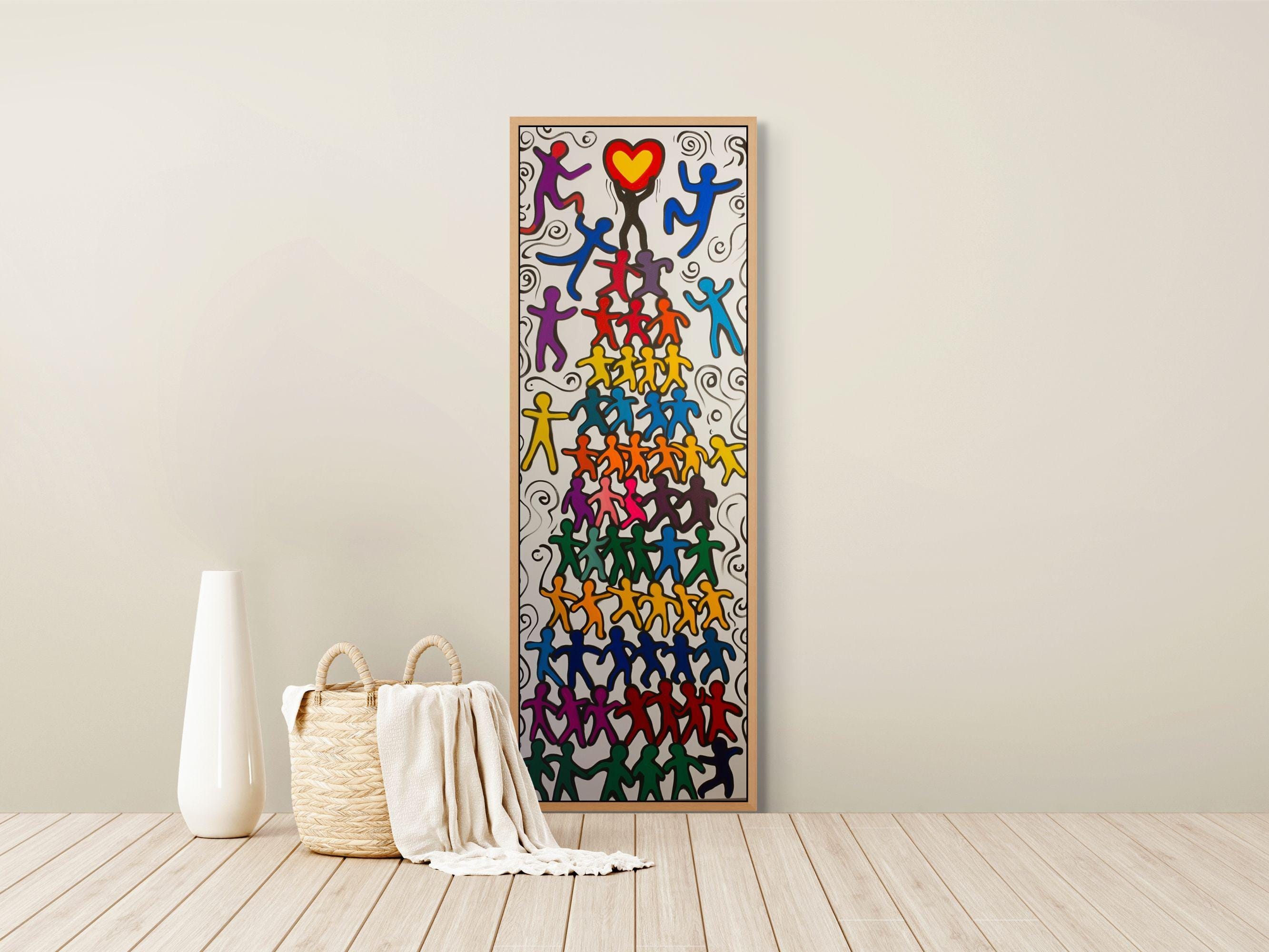 Keith Haring Inspired Unity Wall Art, Colorful Vertical Canvas for