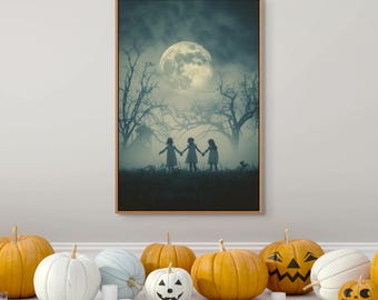 Spooky Halloween Night Canvas Wall Art: Creepy Moon, Haunted Forest