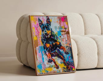 Cuadro decorativo de Doberman a todo color: pintura abstracta sobre lienzo con diseño de perro para sala de estar moderna.