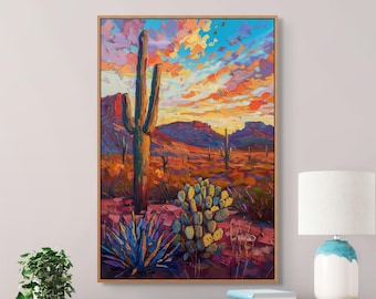 Desert Sunset Wall Art – Colorful Cactus Landscape Canvas Print for Southwest Decor