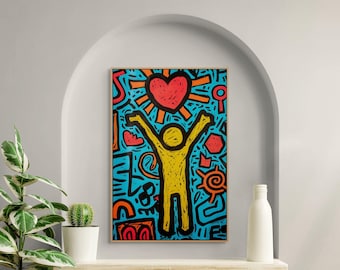 Lienzo colorido inspirado en Keith Haring, decoración de pared brillante para la sala de estar