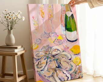 Oysters Champagne Canvas Wall Art – Impressionist Pink Print for Dining Room Decor