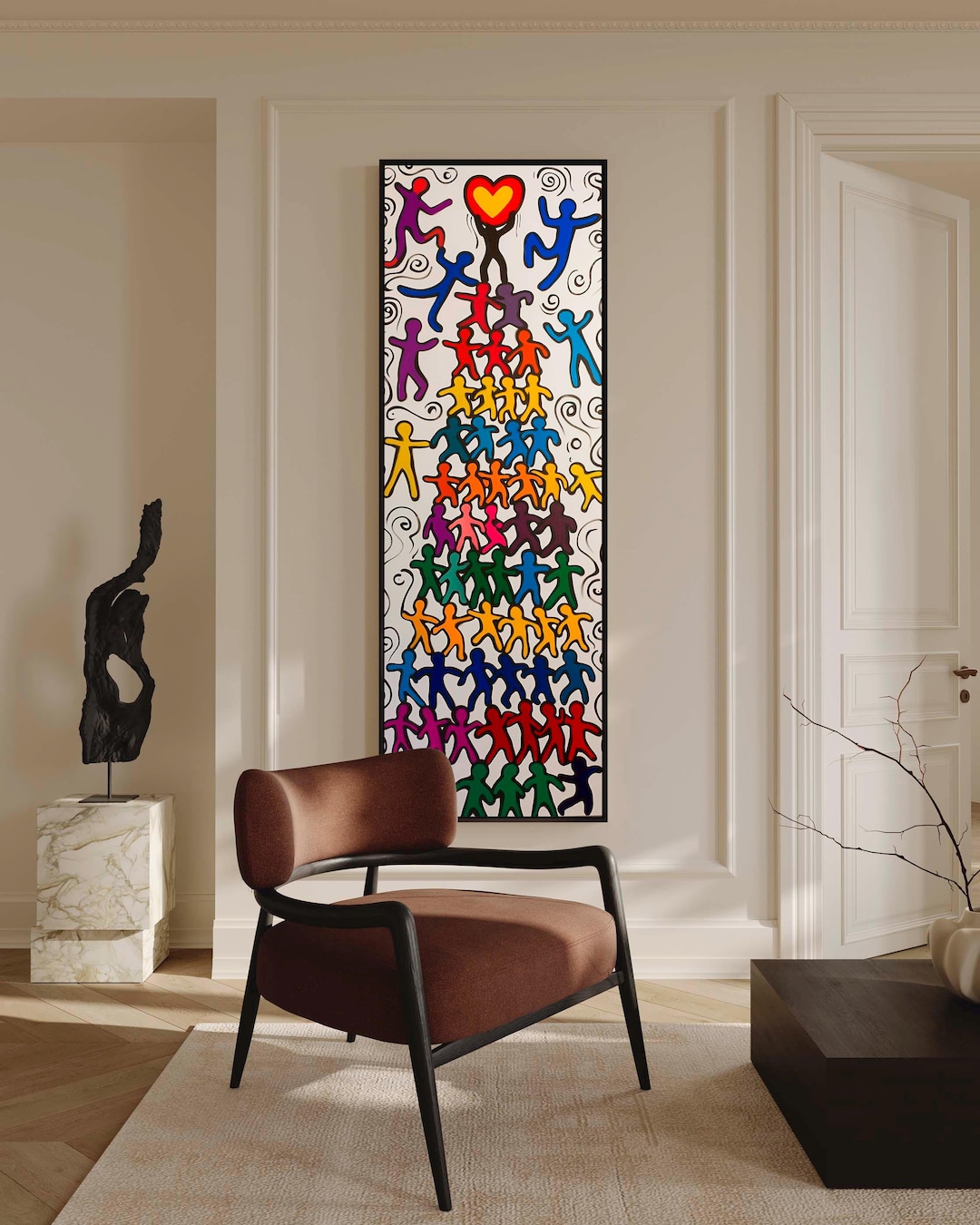 Keith Haring、No.35、希少画集画、新品額装付 Keith Haring Inspired Unity Wall Art, Colorful Vertical Canvas for