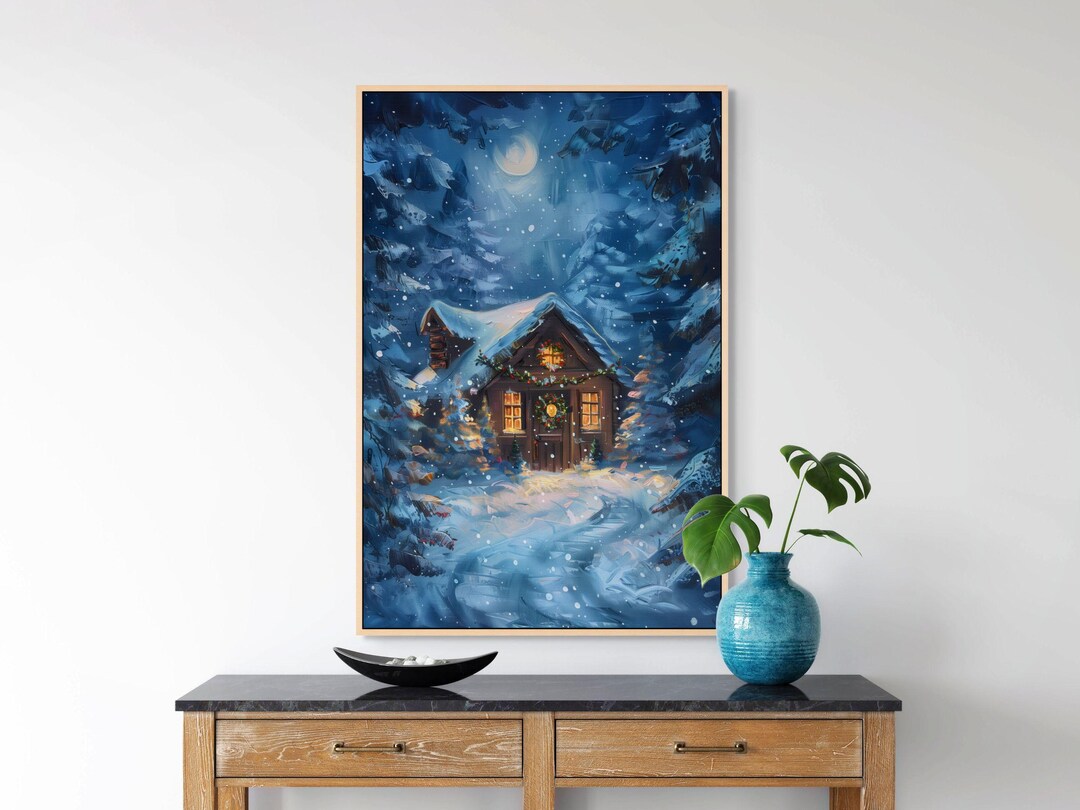 Snowy Cabin Wall Art – Blue Winter Landscape Canvas for Cozy Holiday ...