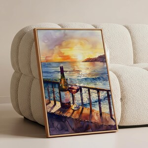 Cuadro decorativo de atardecer con vinos – Impresión en lienzo con acuarela de estilo costero para una decoración romántica de la sala de estar.