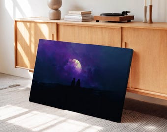 Celestial Lovers Canvas Art – Dreamy Indigo Night Print for Bedroom Decor