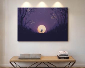 Romantic Moonlit Couple Canvas Art – Dreamy Purple Forest Print for Anniversary Decor
