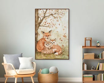 Woodland Animals Nursery Wall Art – Boho Forest Canvas Print for Baby Room Decor
