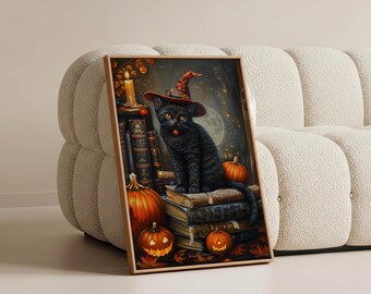 Quadro em tela com gato gótico de Halloween – Chapéu de bruxa, abóboras, decoração de outono