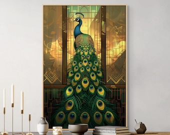 Art Deco Peacock Canvas – Elegant Statement Wall Art with Gold & Emerald Details