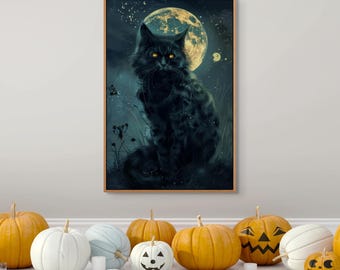 Black Cat Moon Canvas Print – Witchy Celestial Art, Starry Night