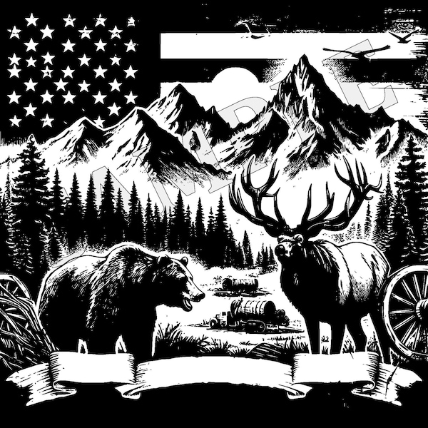 Oso, alce, montañas y bandera estadounidense - Imagen vectorial SVG