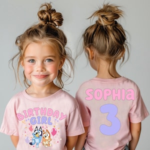 Blue Custom Birthday Girl Shirt Blue Dog Birthday Shirt Personalized Birthday Party Shirt Toddler Shirt Birthday Shirt Two Sided Kids