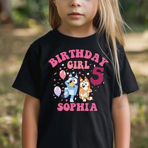 Aangepaste verjaardag meisjesshirt blauwe hond trui verjaardag meisje outfit gepersonaliseerde verjaardag meisje T-shirt aangepaste naam verjaardagsfeestje tee peuter
