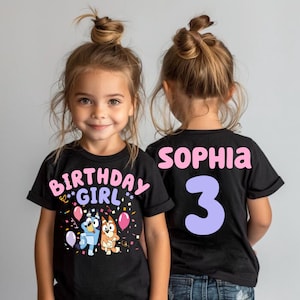 Blue Custom Birthday Girl Shirt Blue Dog Birthday Shirt Personalized Birthday Party Shirt Toddler Shirt Birthday Shirt Two Sided Kids
