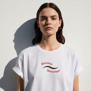May include: White t-shirt with rolled sleeves. The shirt displays the text "Kohaitesia Chornobryvi" in red and black script. The t-shirt is made of a soft material and is being worn by a person.