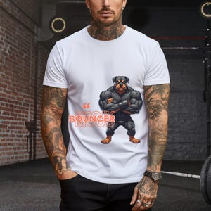 Stoic Rottweiler Bouncer T-Shirt | Funny Muscular Dog Graphic Tee | Gym Lover Gift | Tough Dog Cartoon Shirt for Men