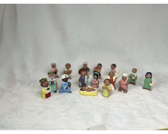 VTG Rare Spanish Mud Clay Christmas  Nativity Scene 17 Pcs Hand Painted W/ Boxes