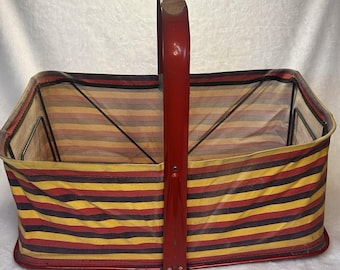 VIntage Woolworth Dept Store Metal & Cloth Shopping Basket Foldable Striped